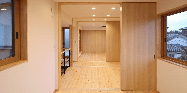 栃木県佐野市石塚町の新築住宅　３枚引込戸や３枚引戸などを使いながら、空間を仕切っています。 いずれ子供の成長とともに利用頻度が下がる空間を一体的に利用して、小さくても大きな内部空間で生活ができます。